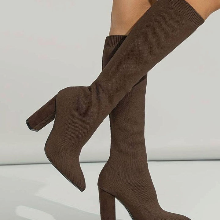 Women's Knitted Knee-High Block Heel Sock Boots