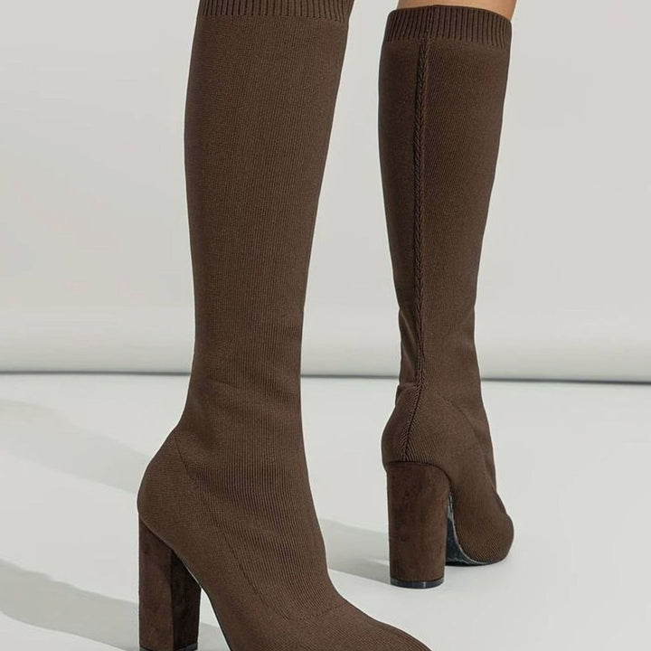 Women's Knitted Knee-High Block Heel Sock Boots
