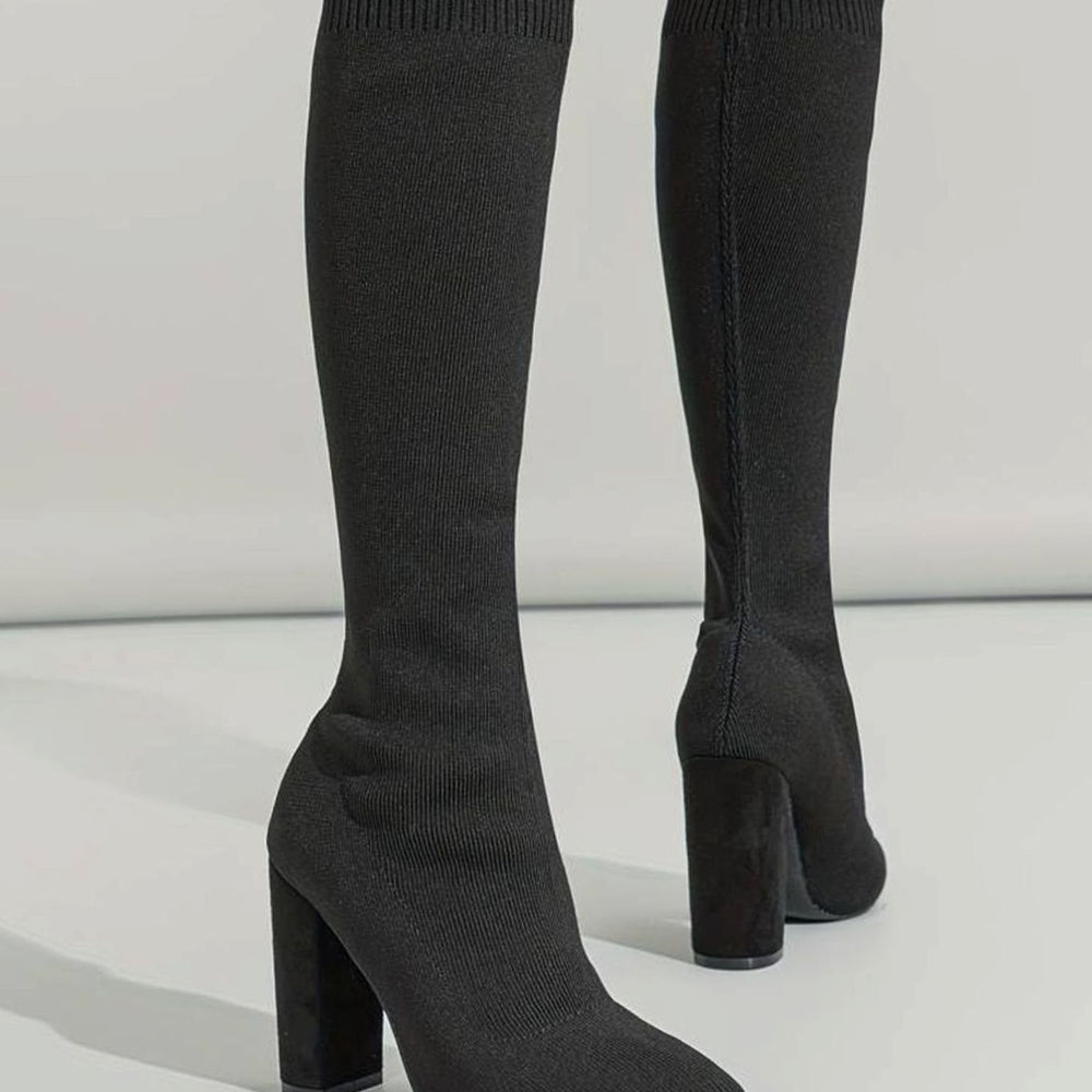 Women's Knitted Knee-High Block Heel Sock Boots