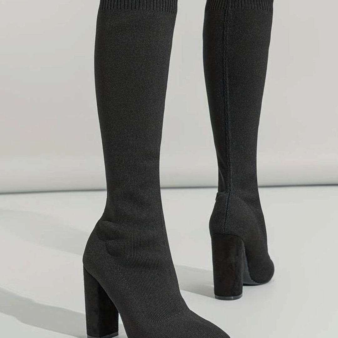 Women's Knitted Knee-High Block Heel Sock Boots