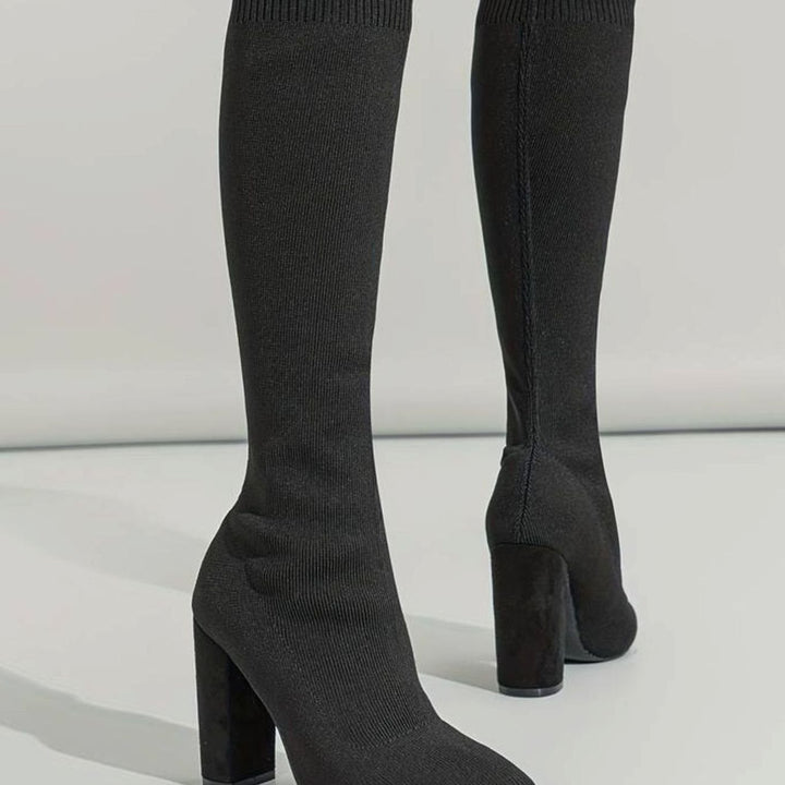 Women's Knitted Knee-High Block Heel Sock Boots