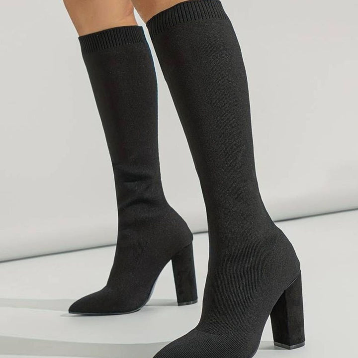 Women's Knitted Knee-High Block Heel Sock Boots