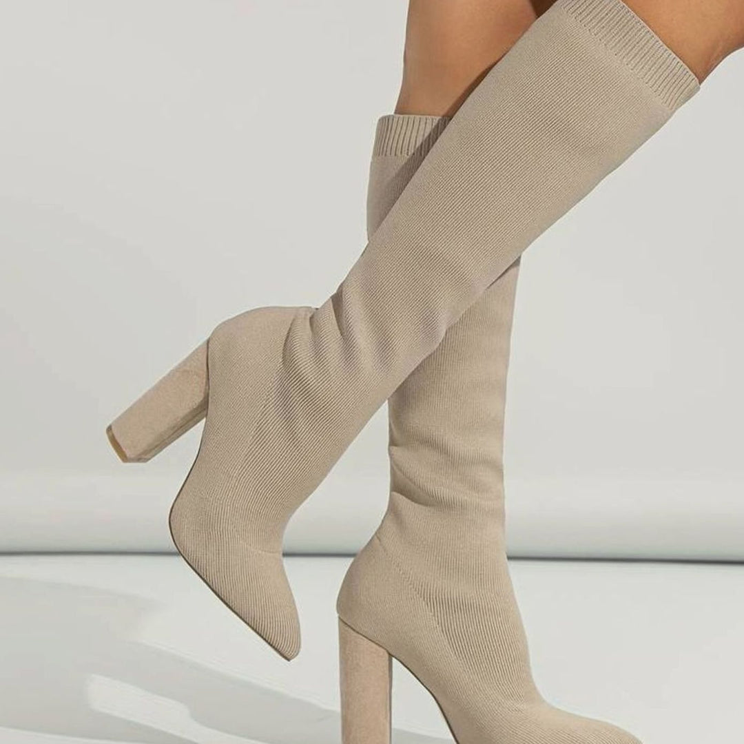 Women's Knitted Knee-High Block Heel Sock Boots