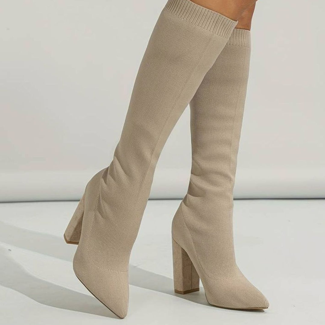 Women's Knitted Knee-High Block Heel Sock Boots