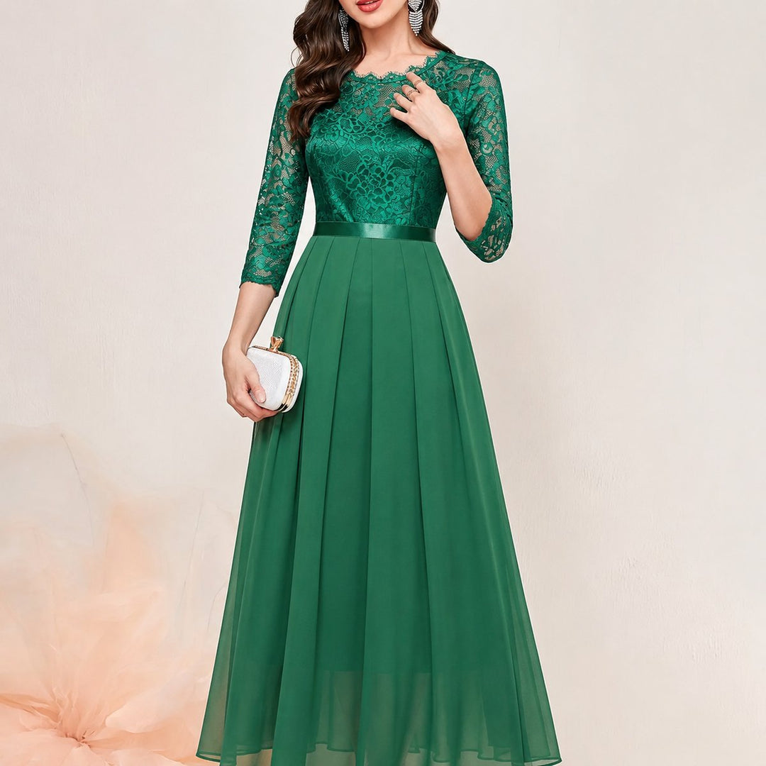 Women's Lace Bodice 3/4 Sleeve A-Line Maxi Formal Dresses - Green
