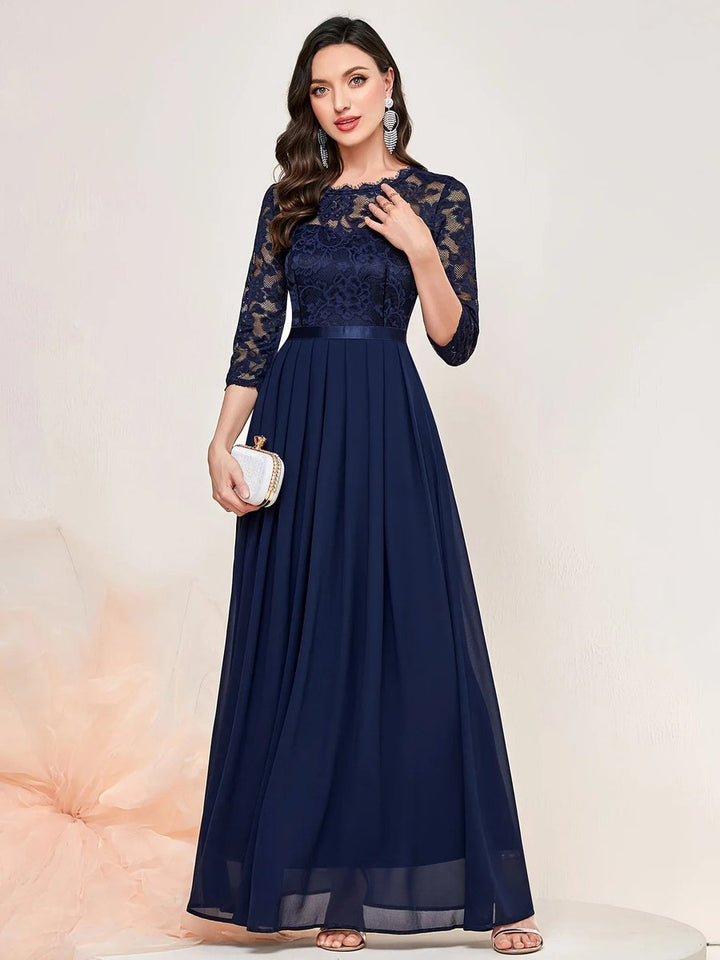 Women's Lace Bodice 3/4 Sleeve A-Line Maxi Formal Dresses