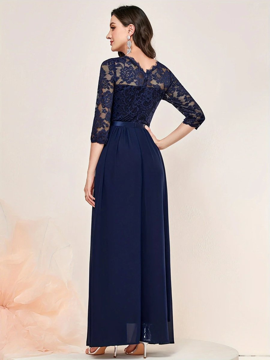Women's Lace Bodice 3/4 Sleeve A-Line Maxi Formal Dresses