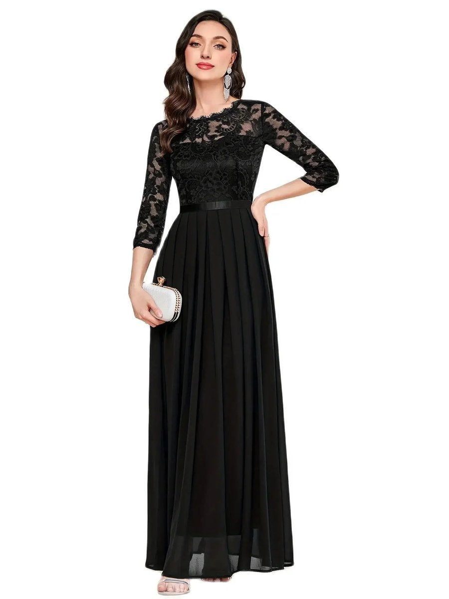 Women's Lace Bodice 3/4 Sleeve A-Line Maxi Formal Dresses