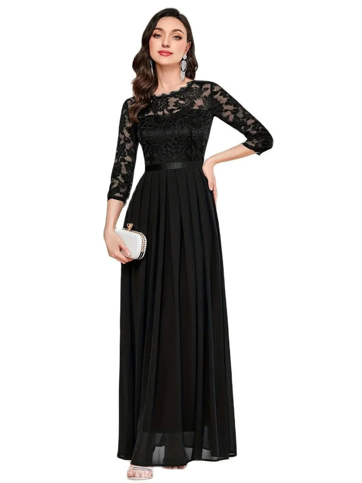 Women's Lace Bodice 3/4 Sleeve A-Line Maxi Formal Dresses