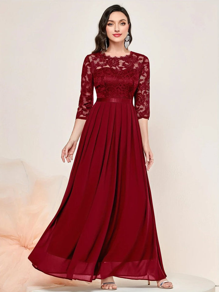 Women's Lace Bodice 3/4 Sleeve A-Line Maxi Formal Dresses