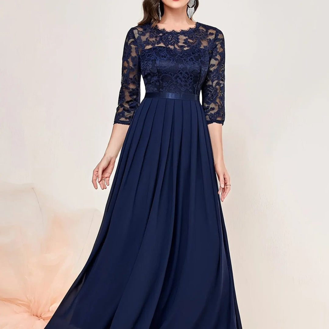 Women's Lace Bodice 3/4 Sleeve A-Line Maxi Formal Dresses - Blue