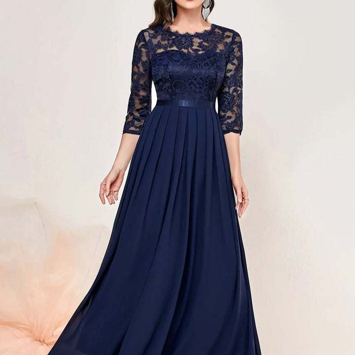 Women's Lace Bodice 3/4 Sleeve A-Line Maxi Formal Dresses - Blue