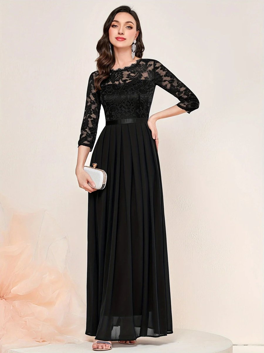 Women's Lace Bodice 3/4 Sleeve A-Line Maxi Formal Dresses - Black