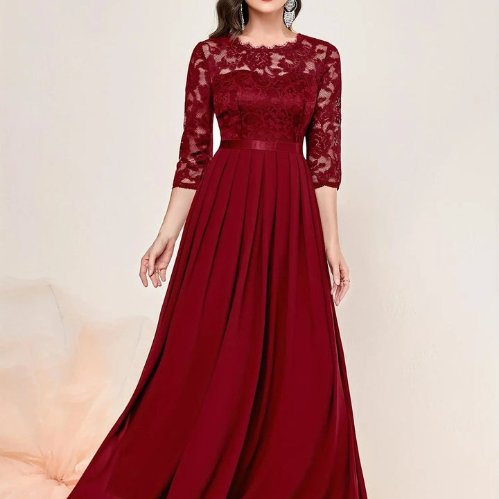 Women's Lace Bodice 3/4 Sleeve A-Line Maxi Formal Dresses - Red