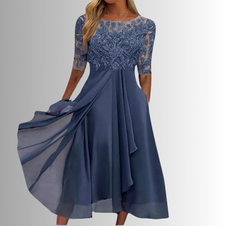 Women's Lace Bodice Chiffon Midi Formal Dresses Half Sleeve A-Line - Blue