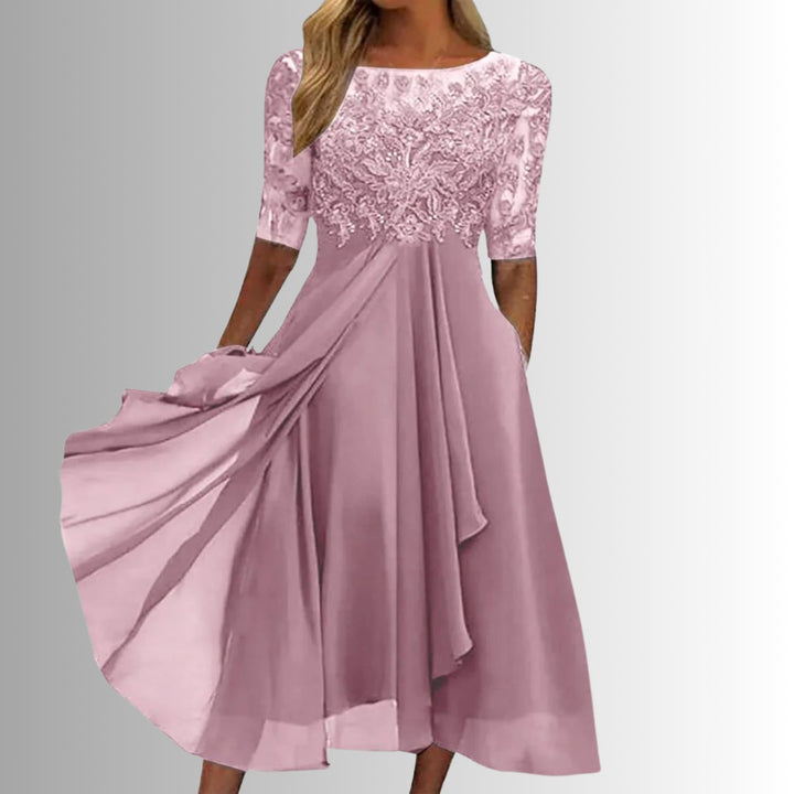 Women's Lace Bodice Chiffon Midi Formal Dresses Half Sleeve A-Line - Pink