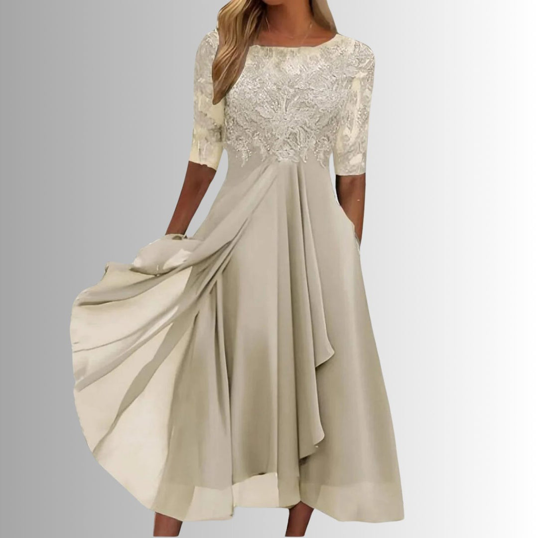 Women's Lace Bodice Chiffon Midi Formal Dresses Half Sleeve A-Line - Cream