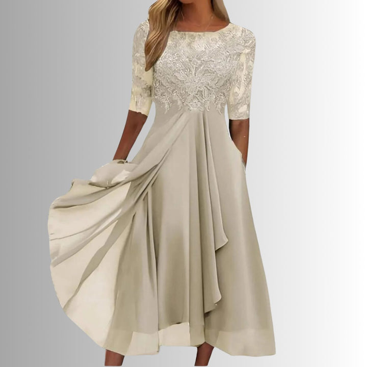 Women's Lace Bodice Chiffon Midi Formal Dresses Half Sleeve A-Line - Cream