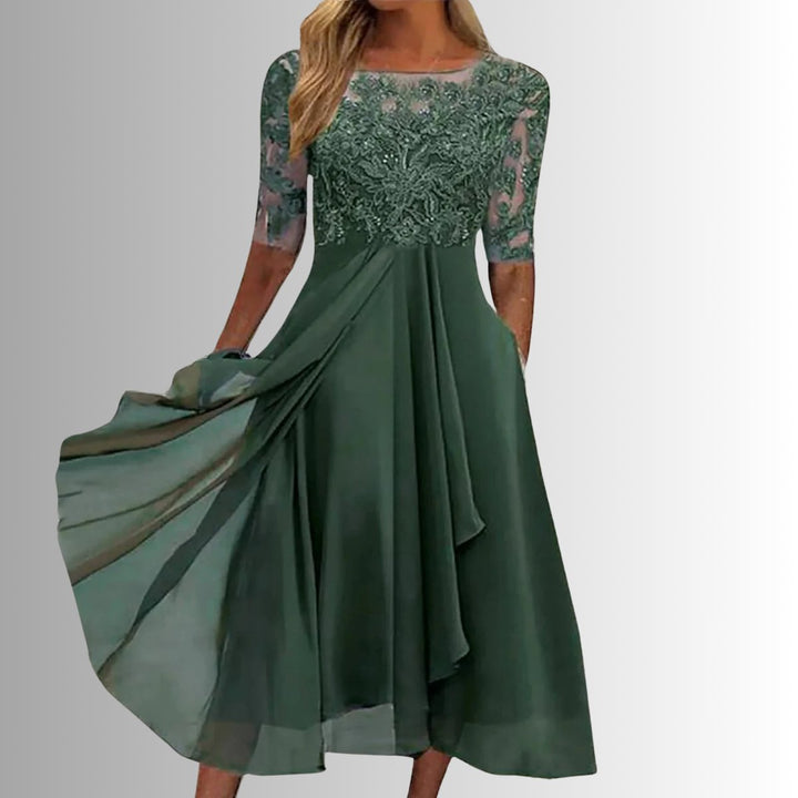 Women's Lace Bodice Chiffon Midi Formal Dresses Half Sleeve A-Line - Green