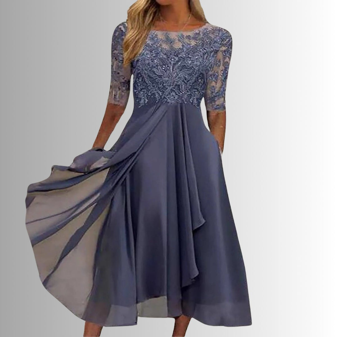 Women's Lace Bodice Chiffon Midi Formal Dresses Half Sleeve A-Line - Purple