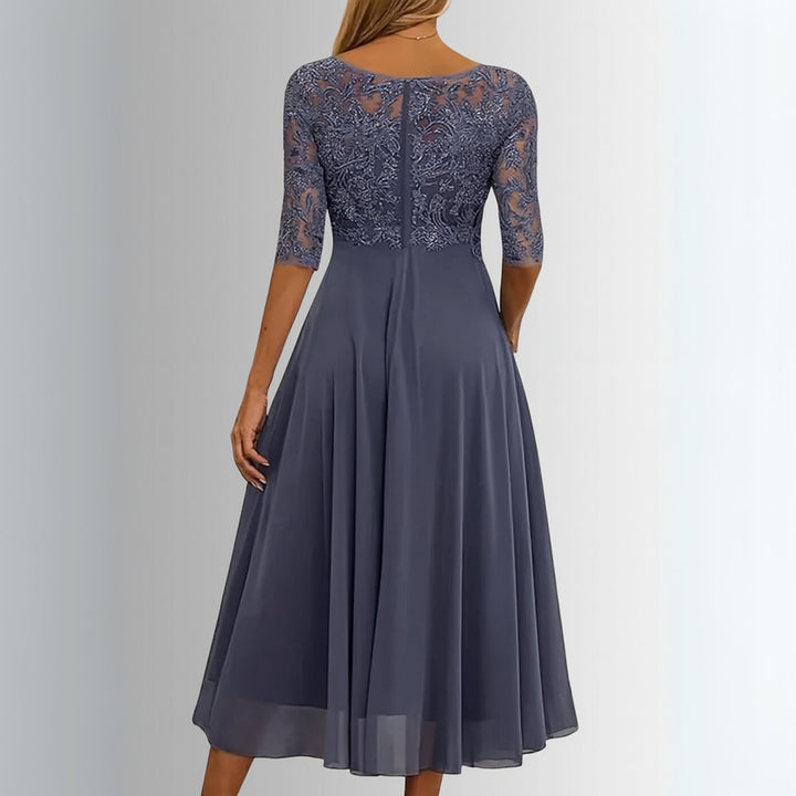 Women's Lace Bodice Chiffon Midi Formal Dresses Half Sleeve A-Line