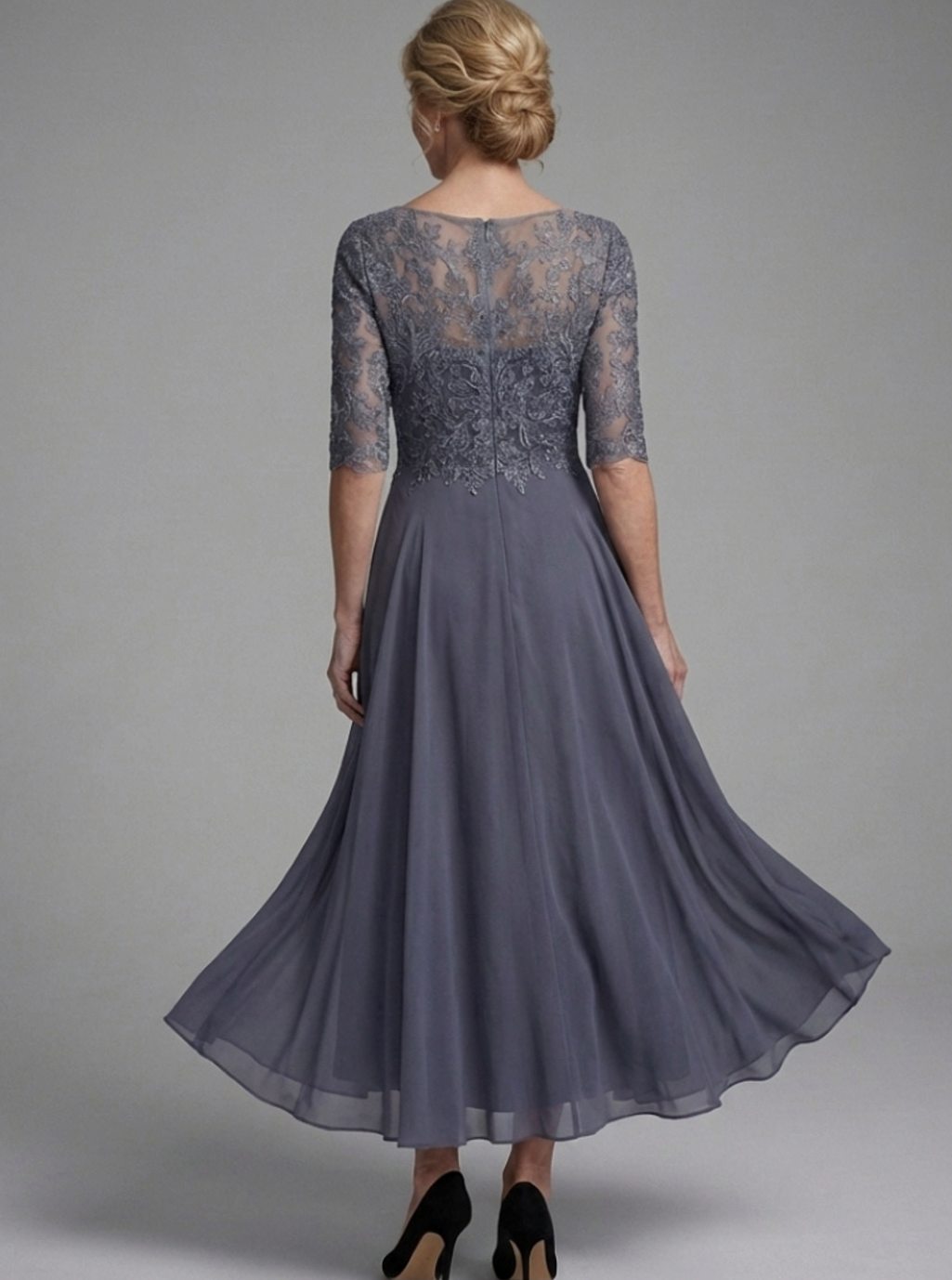 Women's Lace Bodice Sheer Sleeve Midi Dress