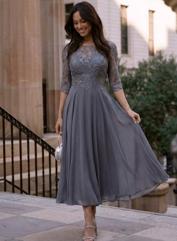 Women's Lace Bodice Sheer Sleeve Midi Dress