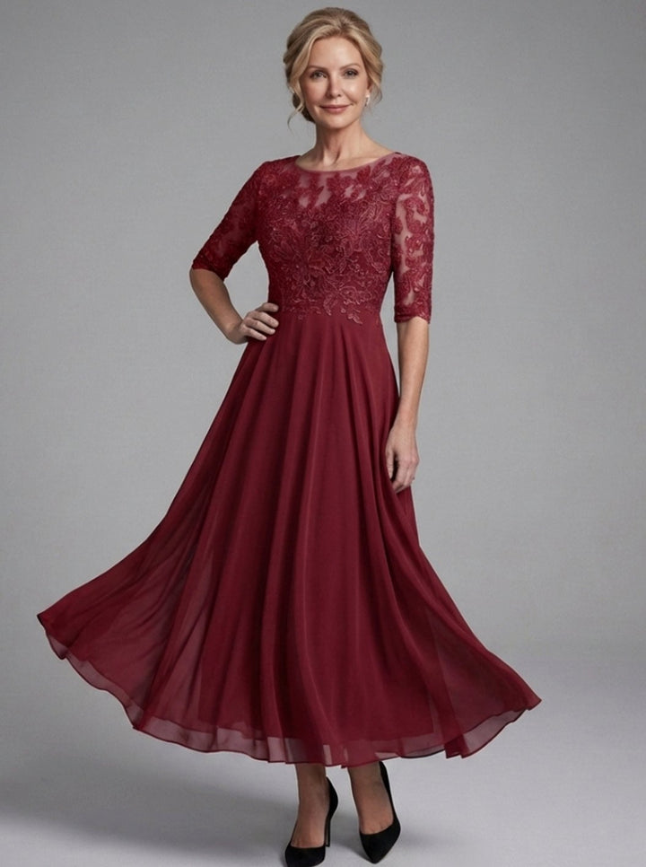Women's Lace Bodice Sheer Sleeve Midi Dress - Burgundy