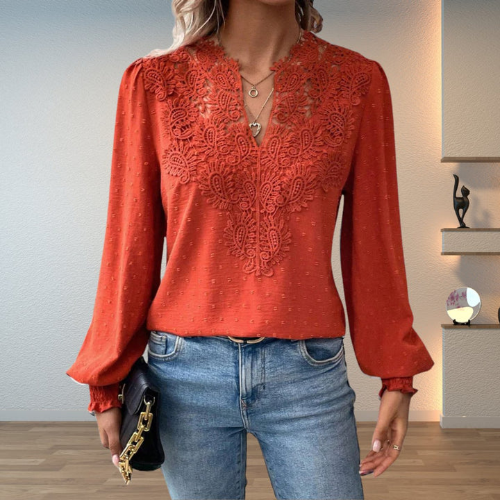 Women's Lace Bodice V-Neck Long Sleeve Blouse - Terracotta