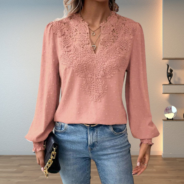 Women's Lace Bodice V-Neck Long Sleeve Blouse - Pink