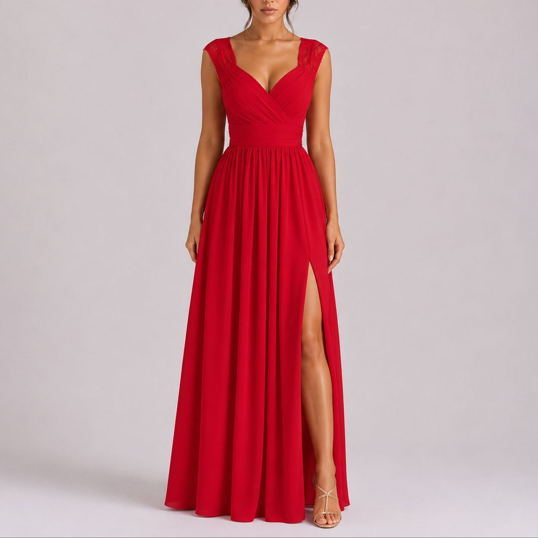 Women's Lace Shoulder V-Neck Chiffon Fall Wedding Guest Dress Maxi Slit - Red