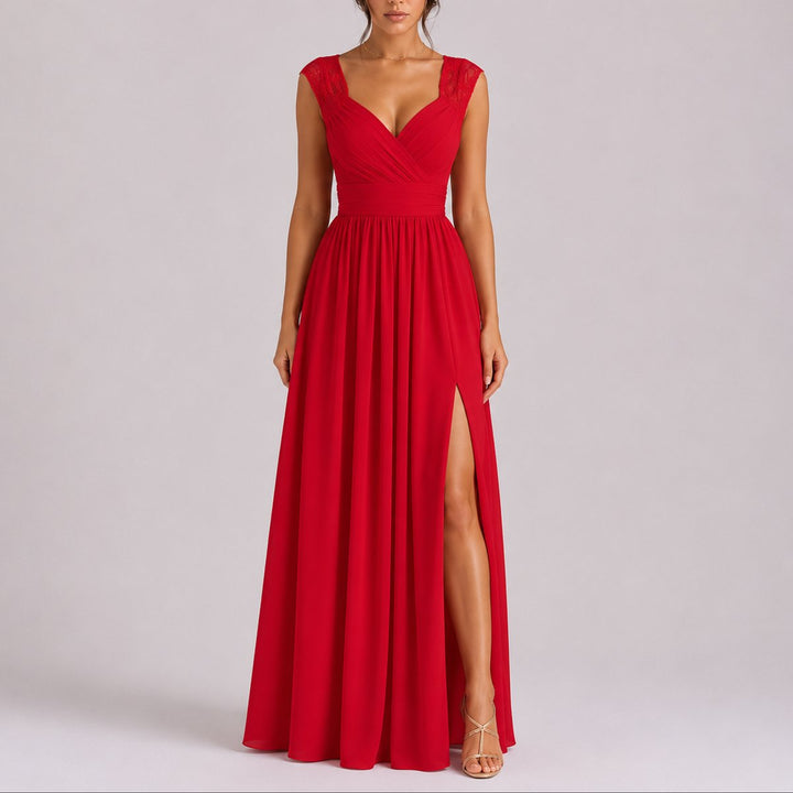 Women's Lace Shoulder V-Neck Chiffon Fall Wedding Guest Dress Maxi Slit - Red