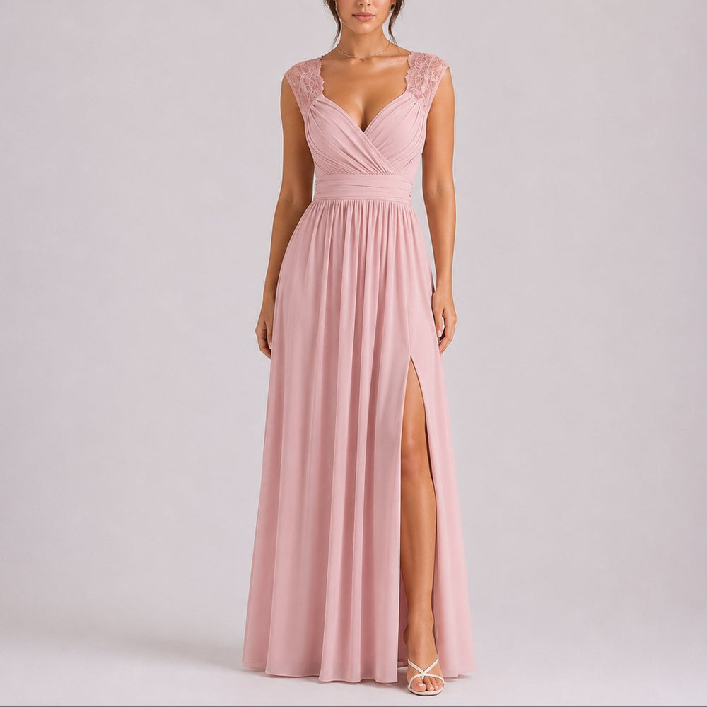 Women's Lace Shoulder V-Neck Chiffon Fall Wedding Guest Dress Maxi Slit - Pink