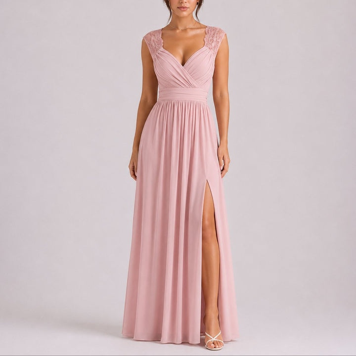 Women's Lace Shoulder V-Neck Chiffon Fall Wedding Guest Dress Maxi Slit - Pink