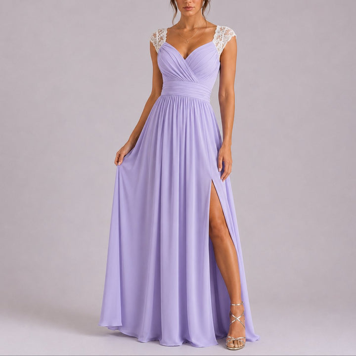 Women's Lace Shoulder V-Neck Chiffon Fall Wedding Guest Dress Maxi Slit - Purple