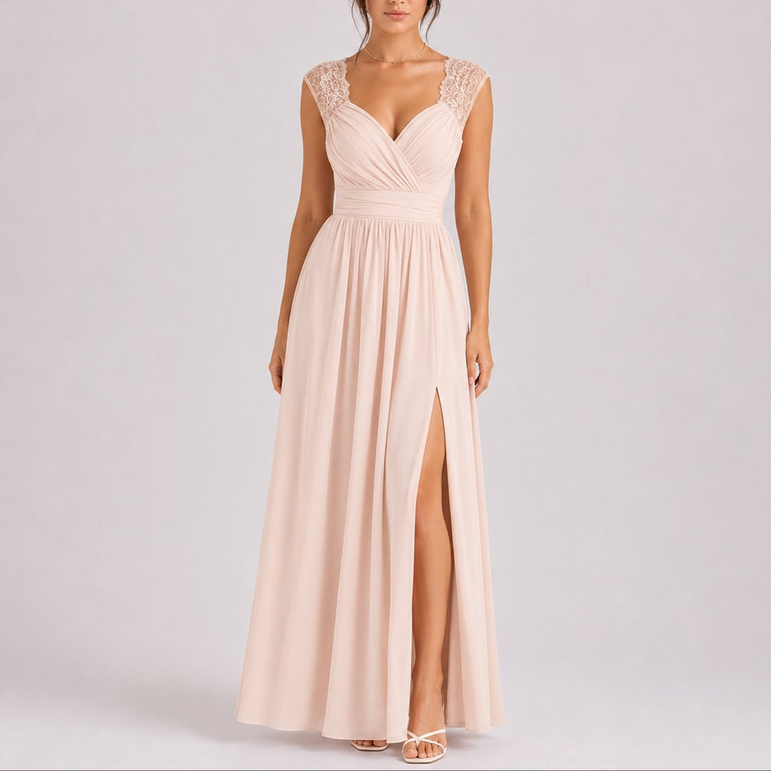 Women's Lace Shoulder V-Neck Chiffon Fall Wedding Guest Dress Maxi Slit - Beige
