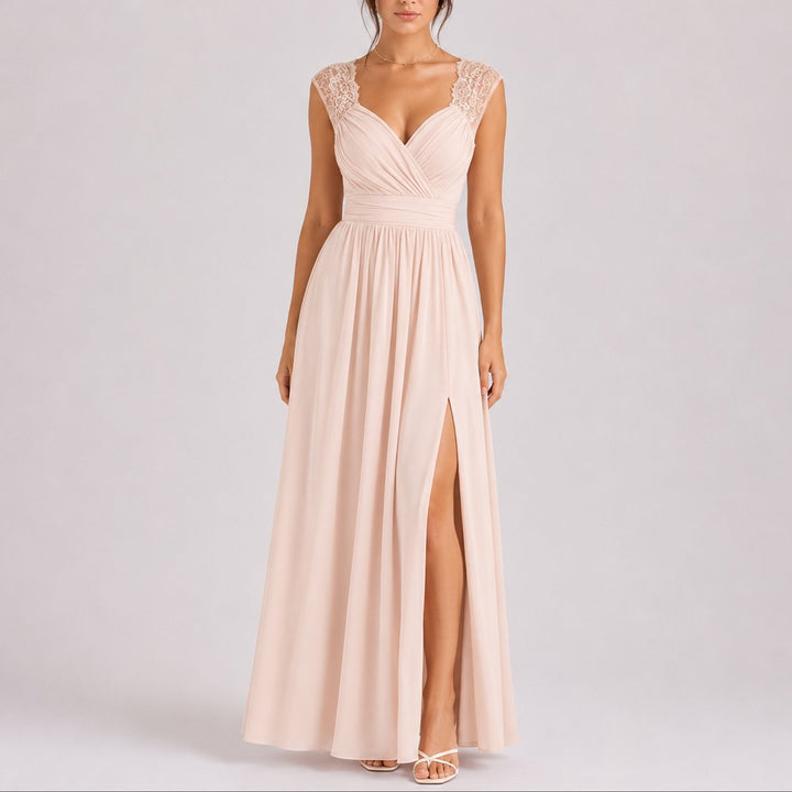 Women's Lace Shoulder V-Neck Chiffon Fall Wedding Guest Dress Maxi Slit - Beige