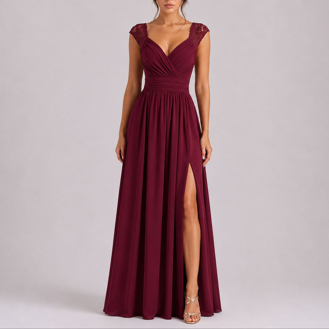 Women's Lace Shoulder V-Neck Chiffon Fall Wedding Guest Dress Maxi Slit - Red Carpet