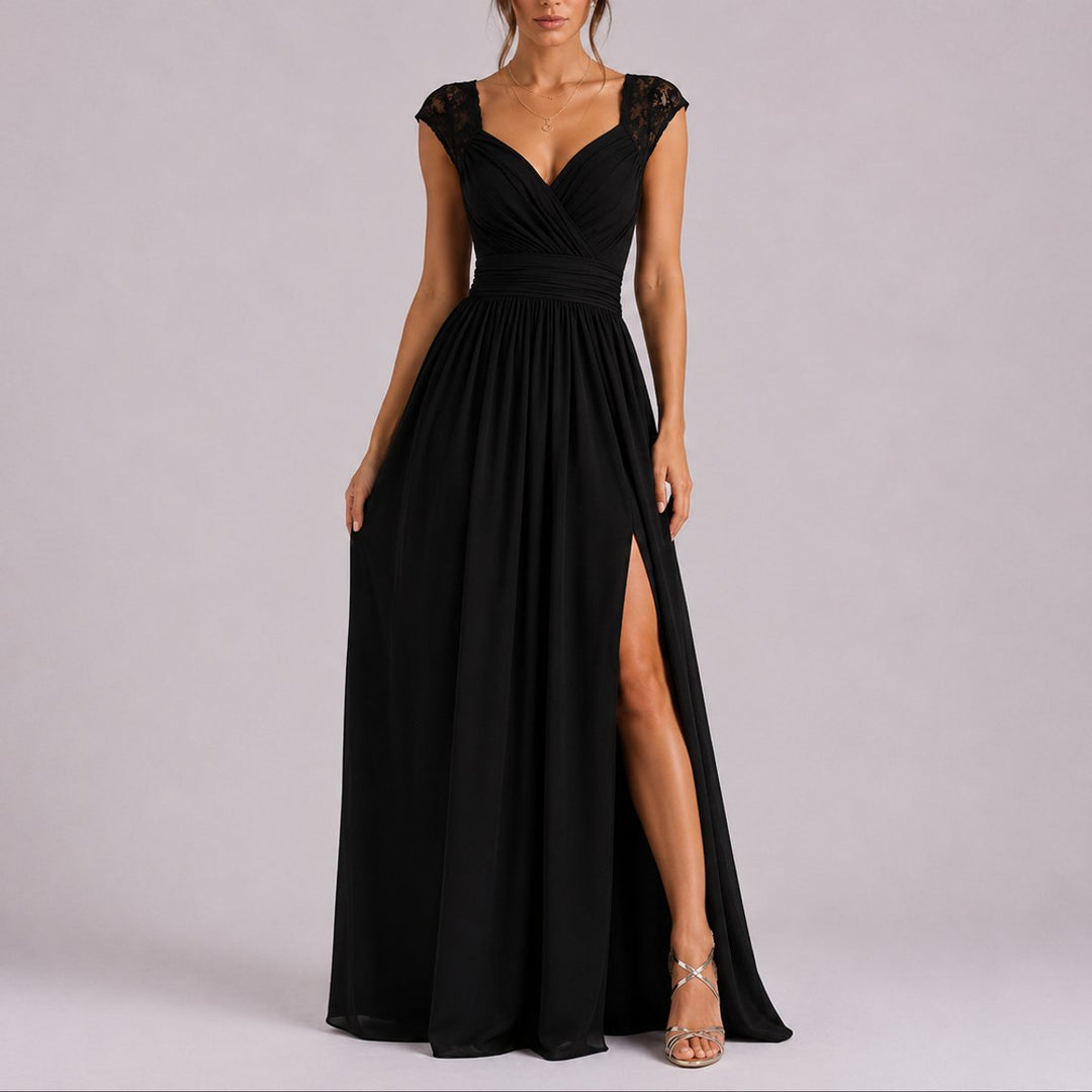 Women's Lace Shoulder V-Neck Chiffon Fall Wedding Guest Dress Maxi Slit - Black