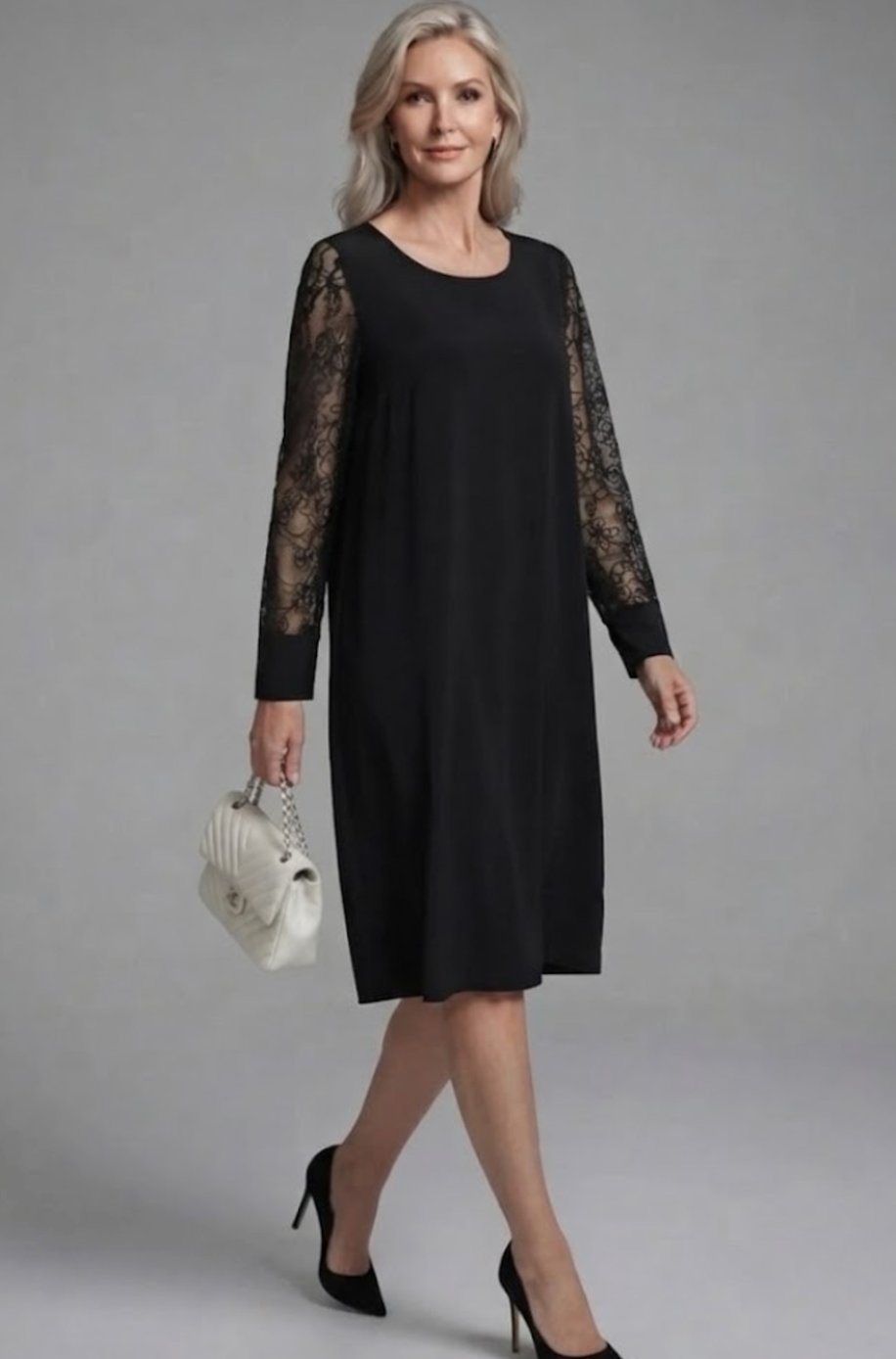Women's Lace Sleeve Peplum Fitted Black Midi Cocktail Dress