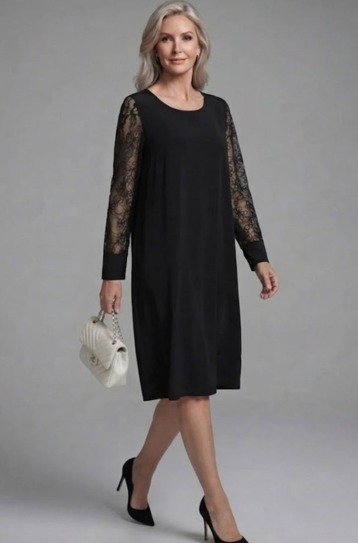 Women's Lace Sleeve Peplum Fitted Black Midi Cocktail Dress