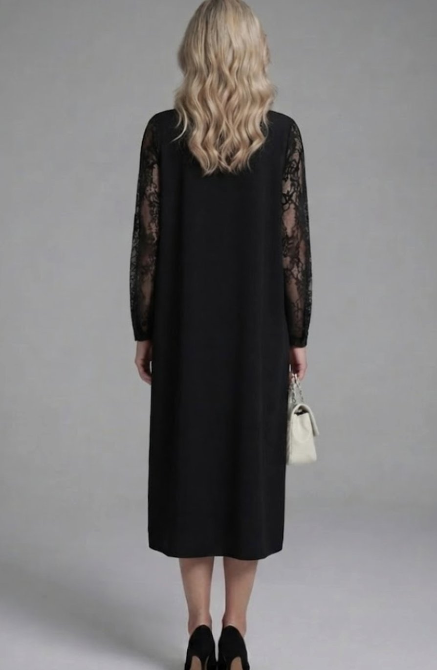 Women's Lace Sleeve Peplum Fitted Black Midi Cocktail Dress