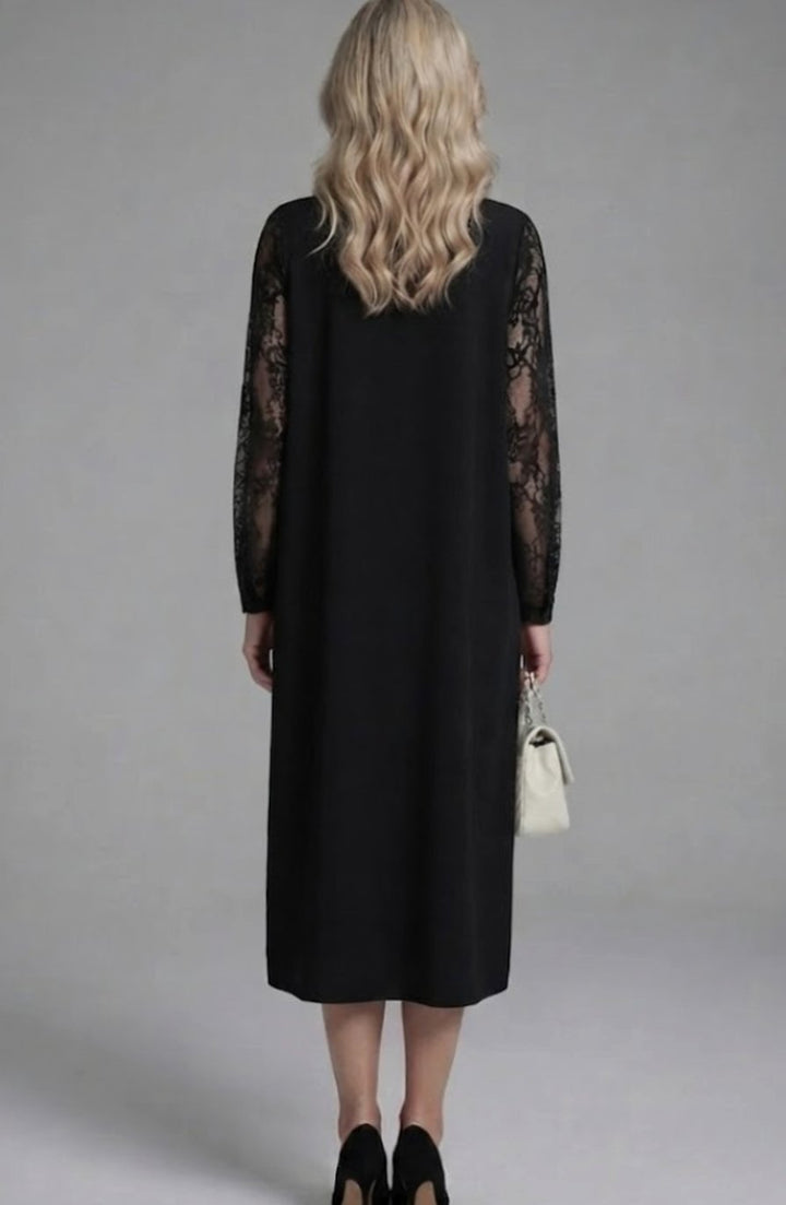 Women's Lace Sleeve Peplum Fitted Black Midi Cocktail Dress
