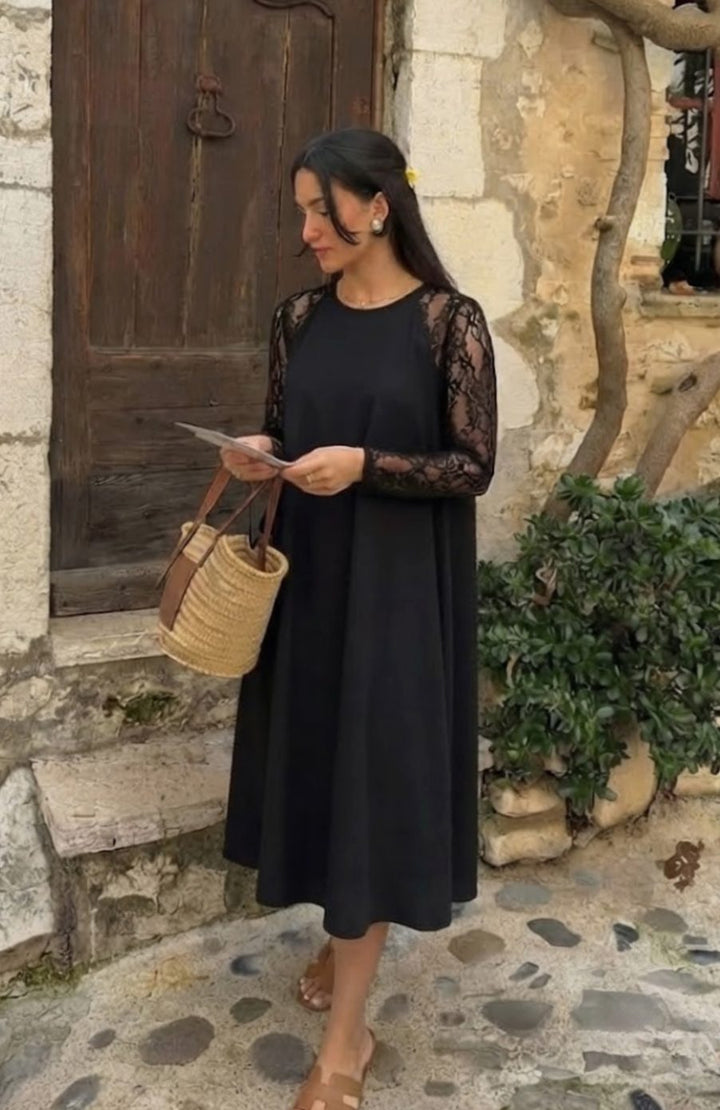 Women's Lace Sleeve Peplum Fitted Black Midi Cocktail Dress