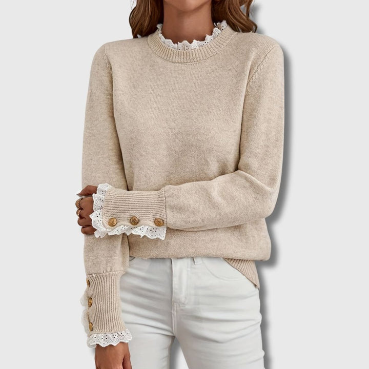 Women's Lace-Trim Button-Cuff Knit Sweater - Apricot