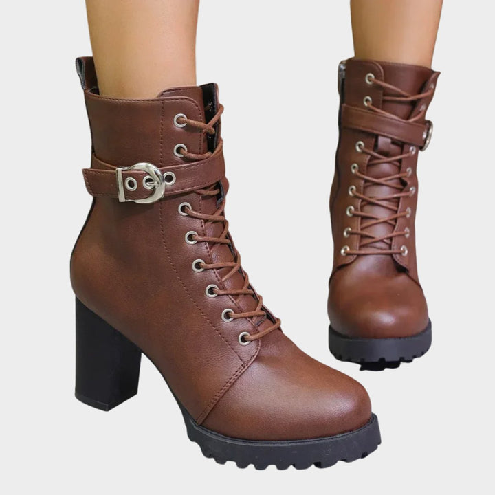 Women's Lace-Up Block-Heel Buckle Strap Ankle Boots - Brown