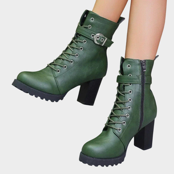 Women's Lace-Up Block-Heel Buckle Strap Ankle Boots - Green