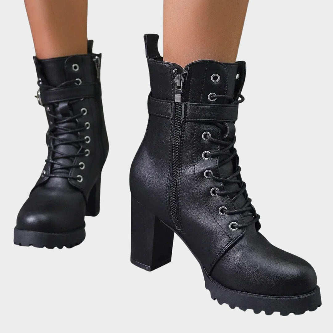 Women's Lace-Up Block-Heel Buckle Strap Ankle Boots - Black