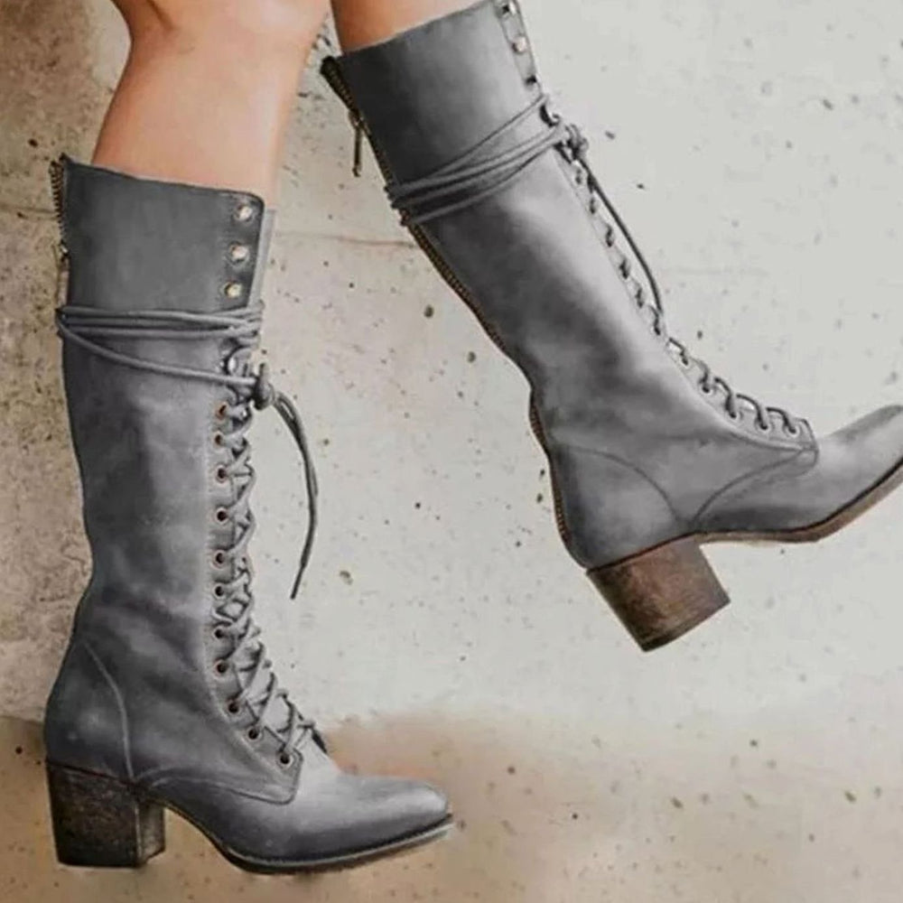 Women's Lace-Up Block Heel Knee-High Boots - Gray