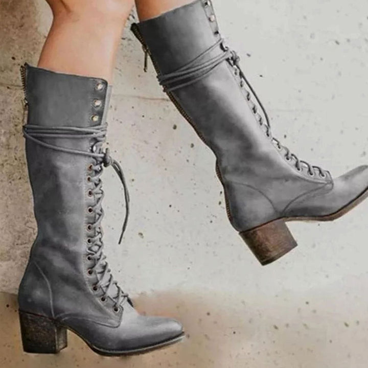 Women's Lace-Up Block Heel Knee-High Boots - Gray